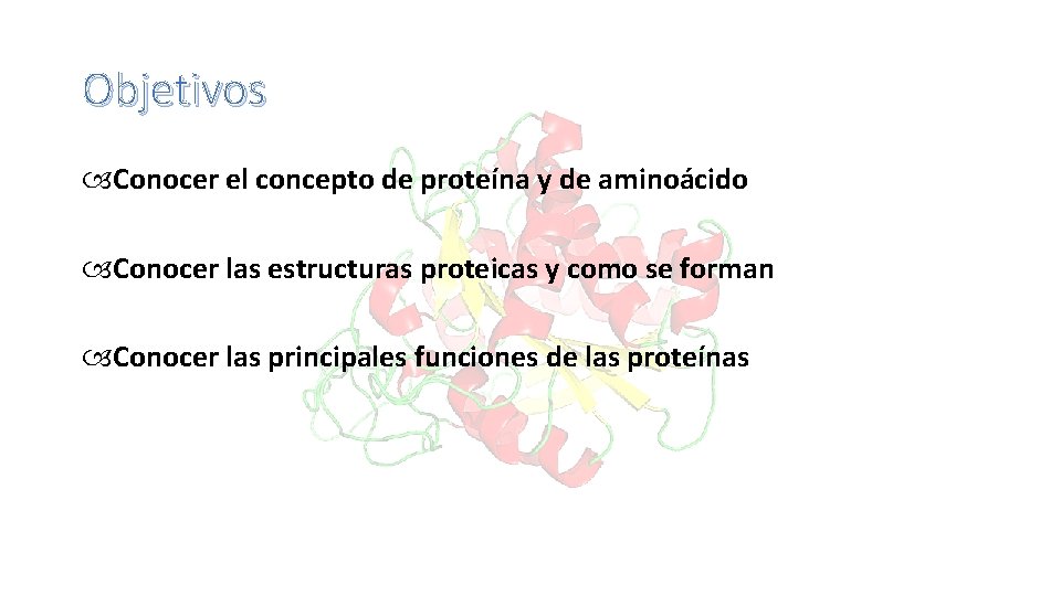 Objetivos Conocer el concepto de proteína y de aminoácido Conocer las estructuras proteicas y
