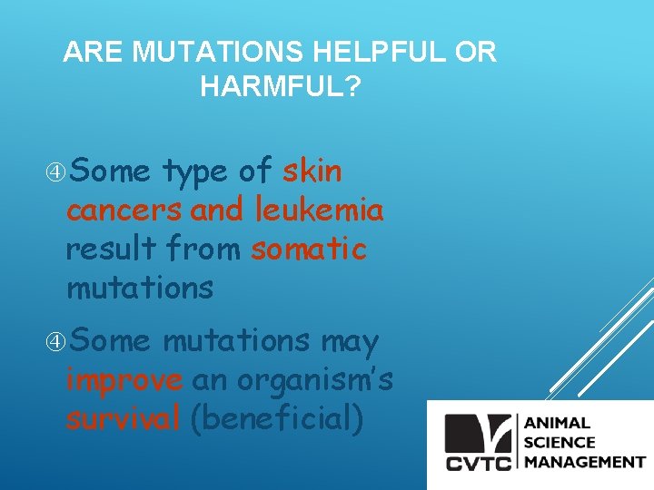 ARE MUTATIONS HELPFUL OR HARMFUL? Some type of skin cancers and leukemia result from