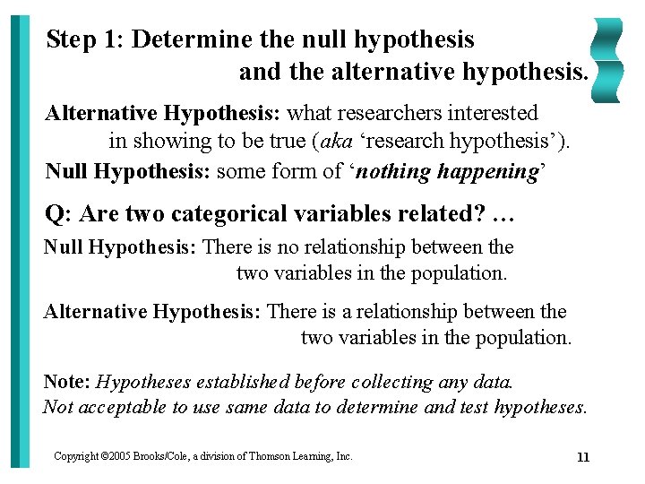 Step 1: Determine the null hypothesis and the alternative hypothesis. Alternative Hypothesis: what researchers
