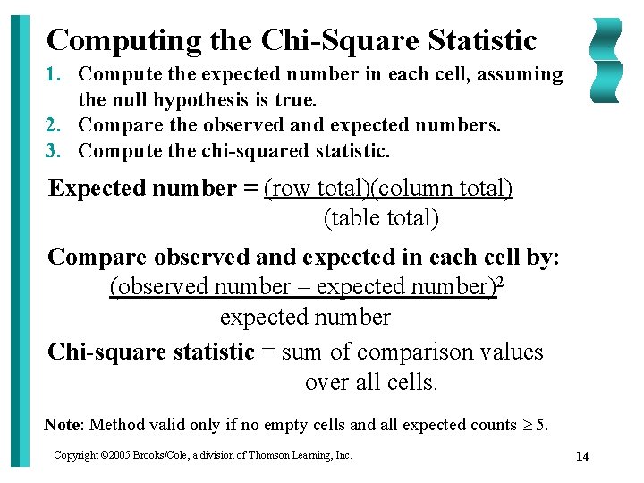 Computing the Chi-Square Statistic 1. Compute the expected number in each cell, assuming the