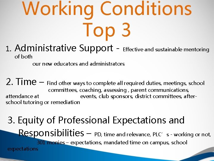 Working Conditions Top 3 1. Administrative Support - Effective and sustainable mentoring of both