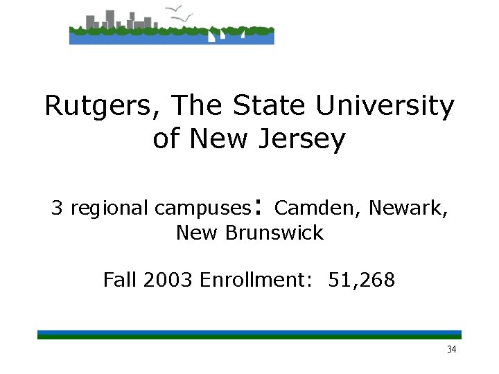 Rutgers, The State University of New Jersey 3 regional campuses: Camden, Newark, New Brunswick