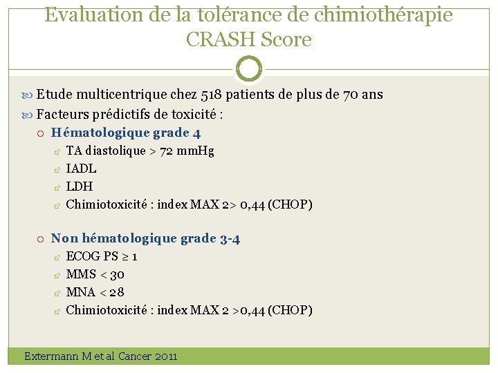 Evaluation de la tolérance de chimiothérapie CRASH Score Etude multicentrique chez 518 patients de