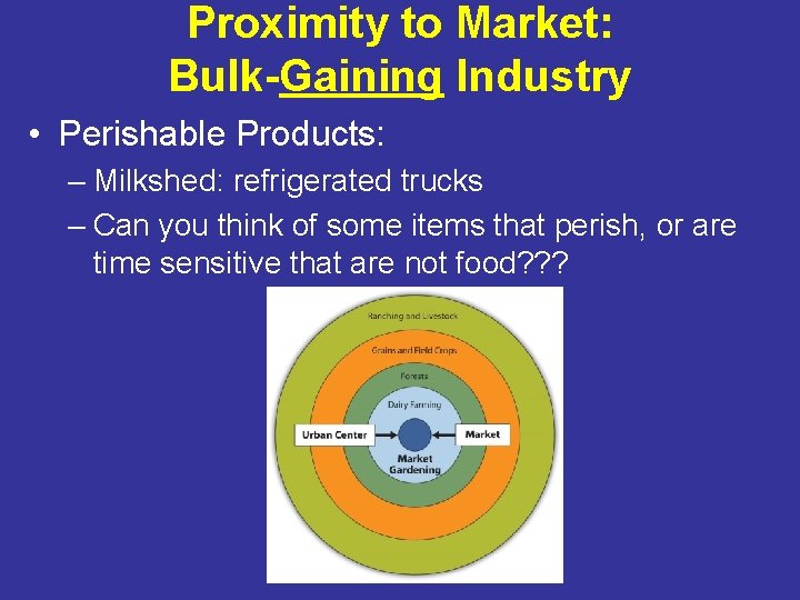Proximity to Market: Bulk-Gaining Industry • Perishable Products: – Milkshed: refrigerated trucks – Can