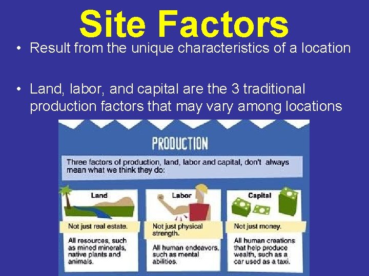 Site Factors • Result from the unique characteristics of a location • Land, labor,