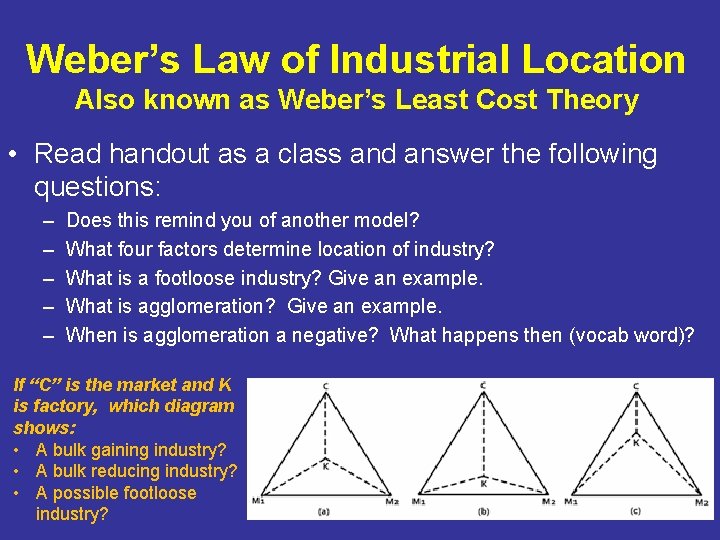 Weber’s Law of Industrial Location Also known as Weber’s Least Cost Theory • Read