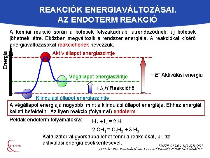 REAKCIÓK ENERGIAVÁLTOZÁSAI. AZ ENDOTERM REAKCIÓ Energia A kémiai reakció során a kötések felszakadnak, átrendeződnek,