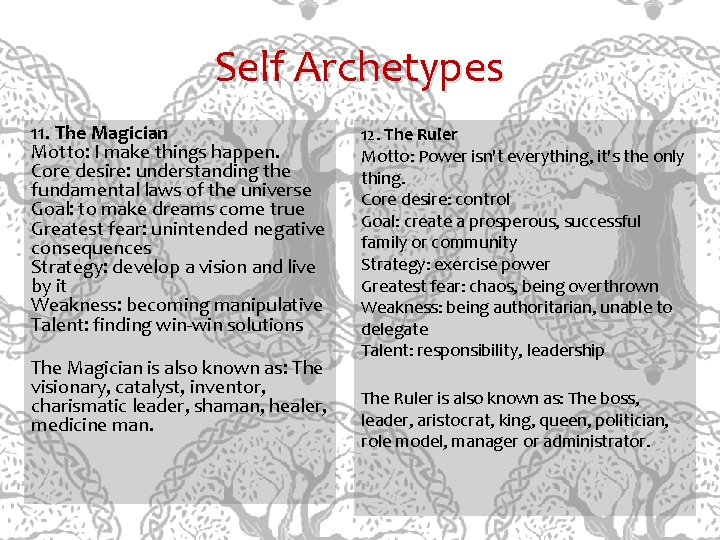 Self Archetypes 11. The Magician Motto: I make things happen. Core desire: understanding the