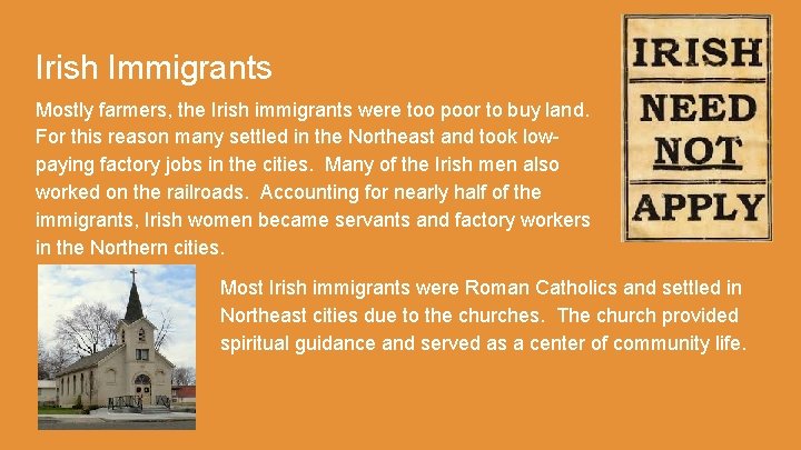 Irish Immigrants Mostly farmers, the Irish immigrants were too poor to buy land. For