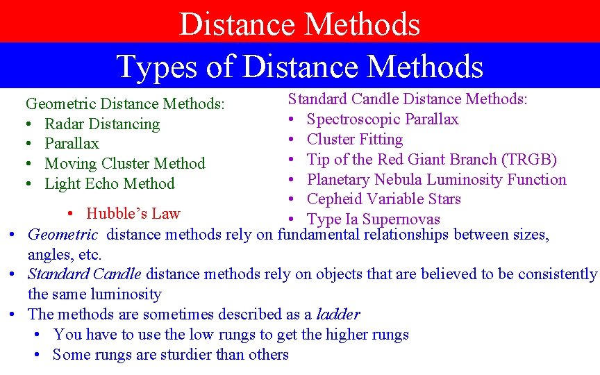 Distance Methods Types of Distance Methods Standard Candle Distance Methods: • Spectroscopic Parallax •