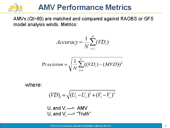 AMV Performance Metrics AMVs (QI>60) are matched and compared against RAOBS or GFS model