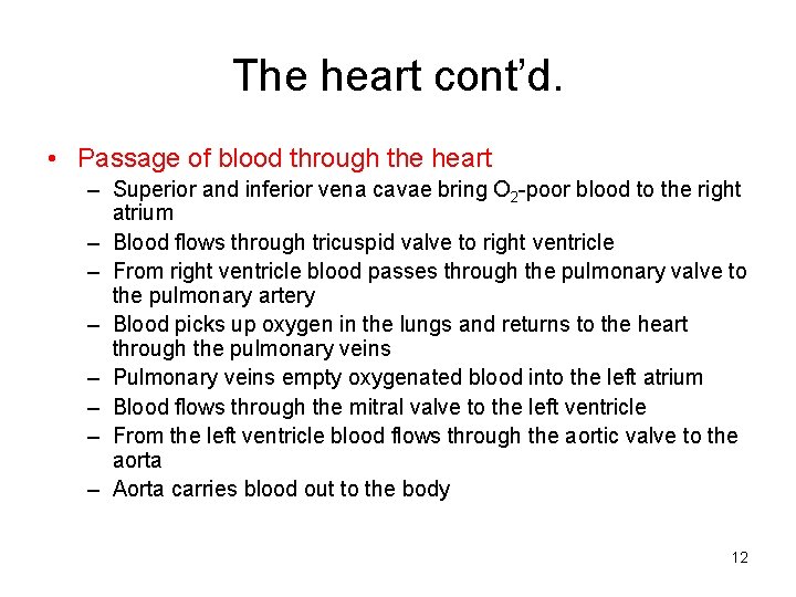 The heart cont’d. • Passage of blood through the heart – Superior and inferior