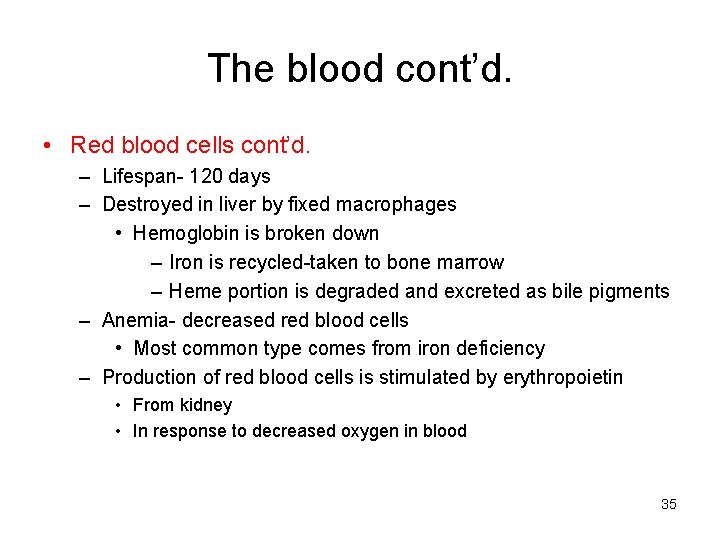 The blood cont’d. • Red blood cells cont’d. – Lifespan- 120 days – Destroyed