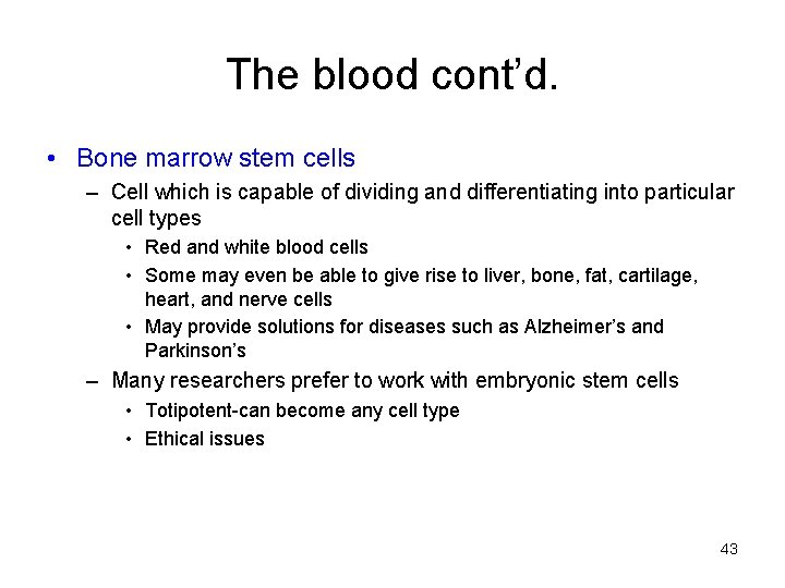 The blood cont’d. • Bone marrow stem cells – Cell which is capable of