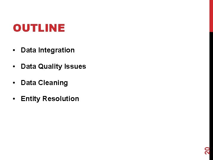 OUTLINE • Data Integration • Data Quality Issues • Data Cleaning 20 • Entity