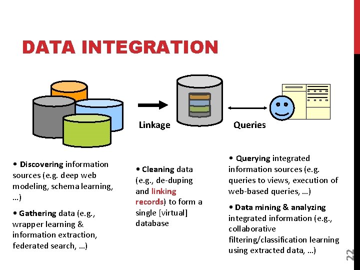 DATA INTEGRATION • Discovering information sources (e. g. deep web modeling, schema learning, …)