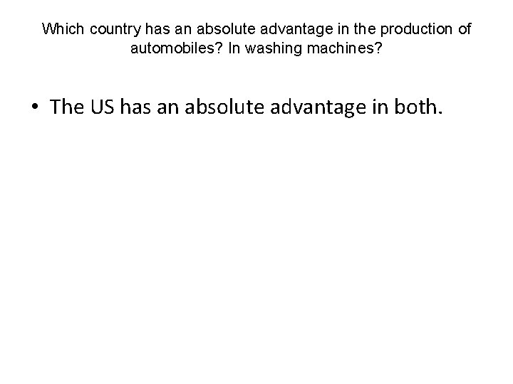 Which country has an absolute advantage in the production of automobiles? In washing machines?