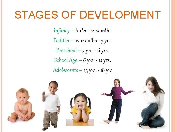 STAGES OF DEVELOPMENT Infancy – birth - 12 months Toddler – 12 months - STAGES OF DEVELOPMENT Infancy – birth - 12 months Toddler – 12 months -
