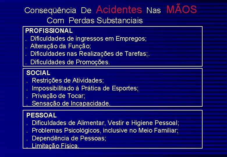 Conseqüência De Acidentes Nas Com Perdas Substanciais MÃOS PROFISSIONAL. Dificuldades de ingressos em Empregos;