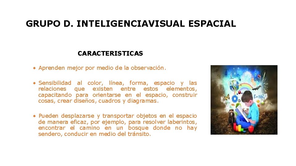 GRUPO D. INTELIGENCIAVISUAL ESPACIAL CARACTERISTICAS • Aprenden mejor por medio de la observación. •