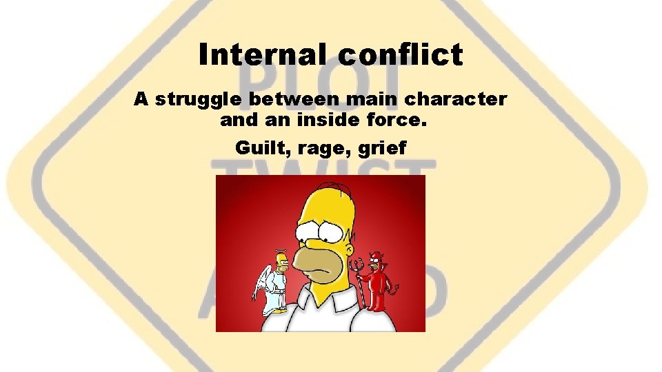 Internal conflict A struggle between main character and an inside force. Guilt, rage, grief