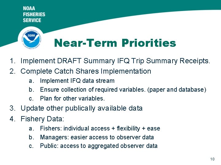 Near-Term Priorities 1. Implement DRAFT Summary IFQ Trip Summary Receipts. 2. Complete Catch Shares