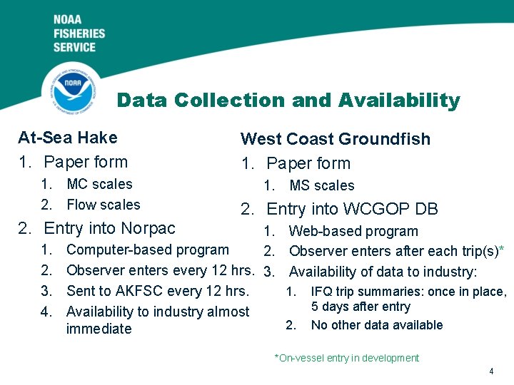 Data Collection and Availability At-Sea Hake 1. Paper form 1. MC scales 2. Flow