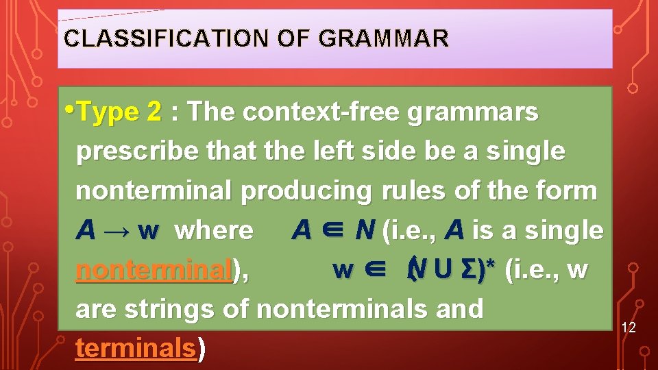 CLASSIFICATION OF GRAMMAR • Type 2 : The context-free grammars prescribe that the left