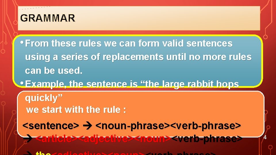 GRAMMAR • From these rules we can form valid sentences using a series of