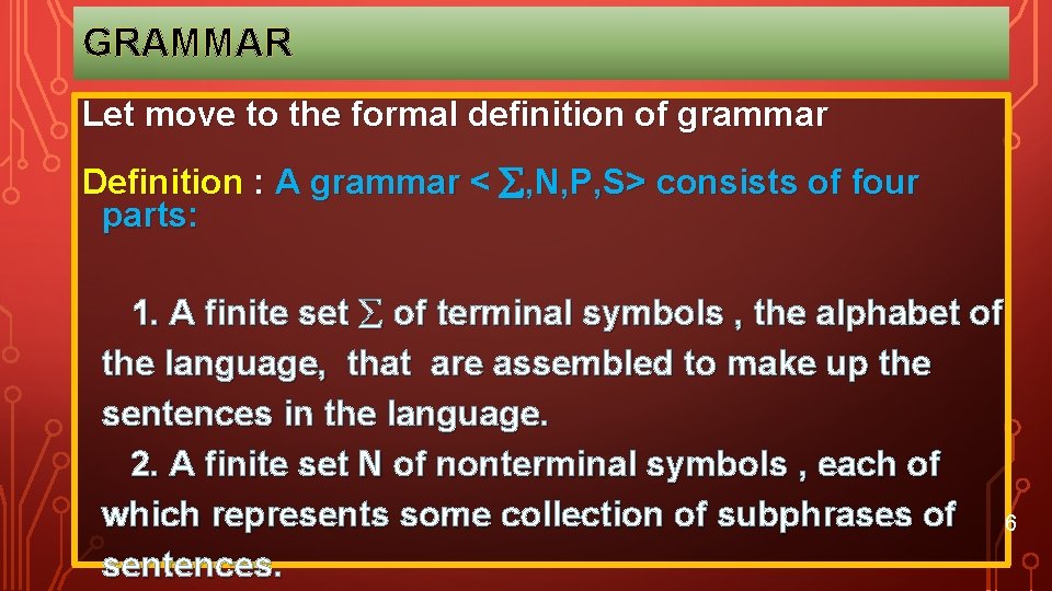 GRAMMAR Let move to the formal definition of grammar Definition : A grammar <