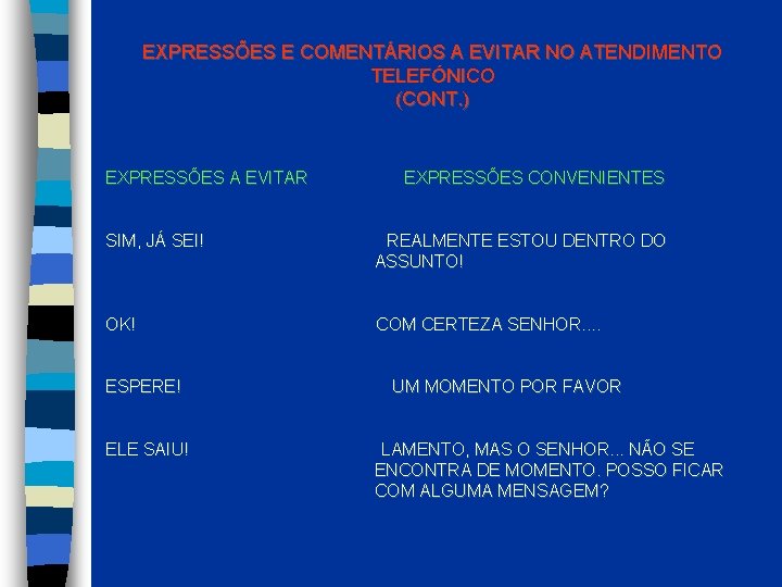 EXPRESSÕES E COMENTÁRIOS A EVITAR NO ATENDIMENTO TELEFÓNICO (CONT. ) EXPRESSÕES A EVITAR EXPRESSÕES