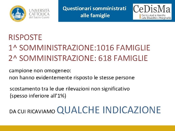 Questionari somministrati alle famiglie RISPOSTE 1^ SOMMINISTRAZIONE: 1016 FAMIGLIE 2^ SOMMINISTRAZIONE: 618 FAMIGLIE campione