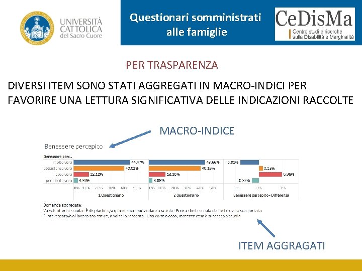 Questionari somministrati alle famiglie PER TRASPARENZA DIVERSI ITEM SONO STATI AGGREGATI IN MACRO-INDICI PER