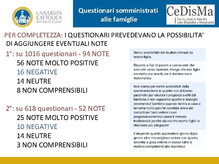 Questionari somministrati alle famiglie PER COMPLETEZZA: I QUESTIONARI PREVEDEVANO LA POSSIBILITA’ DI AGGIUNGERE EVENTUALI