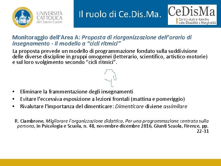 Il ruolo di Ce. Dis. Ma. Monitoraggio dell’Area A: Proposta di riorganizzazione dell’orario di