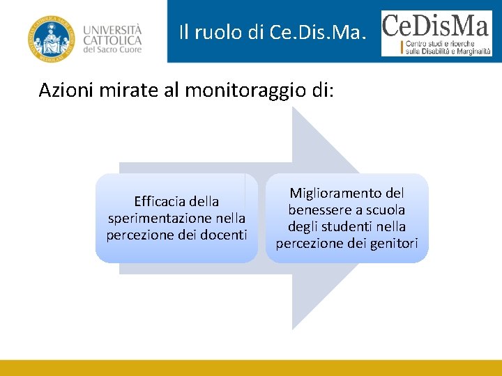 Il ruolo di Ce. Dis. Ma. Azioni mirate al monitoraggio di: Efficacia della sperimentazione