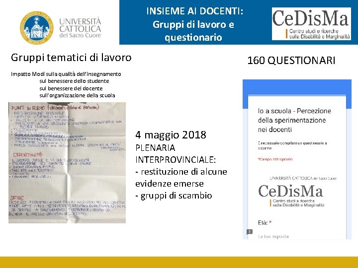 INSIEME AI DOCENTI: Gruppi di lavoro e questionario Gruppi tematici di lavoro 160 QUESTIONARI