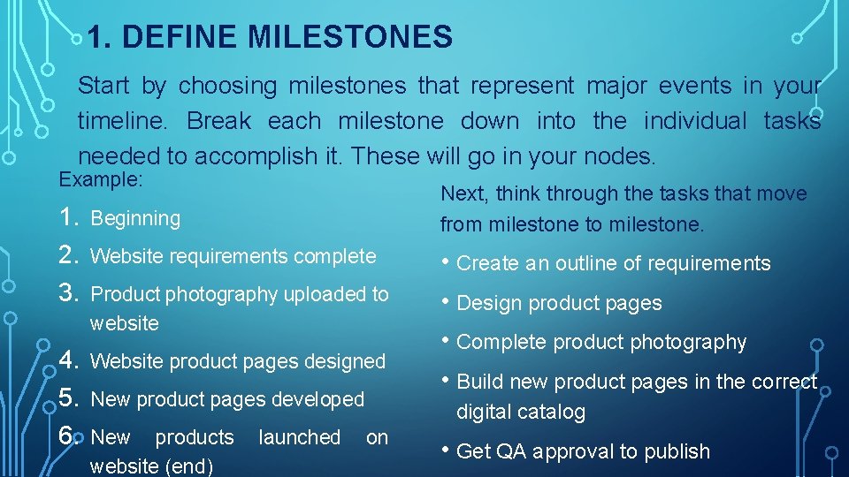 1. DEFINE MILESTONES Start by choosing milestones that represent major events in your timeline.