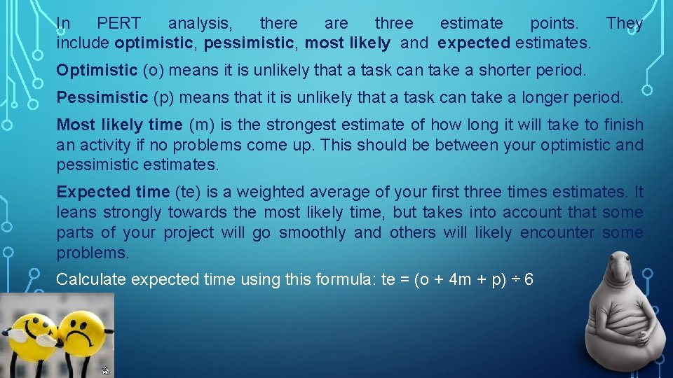 In PERT analysis, there are three estimate points. They include optimistic, pessimistic, most likely