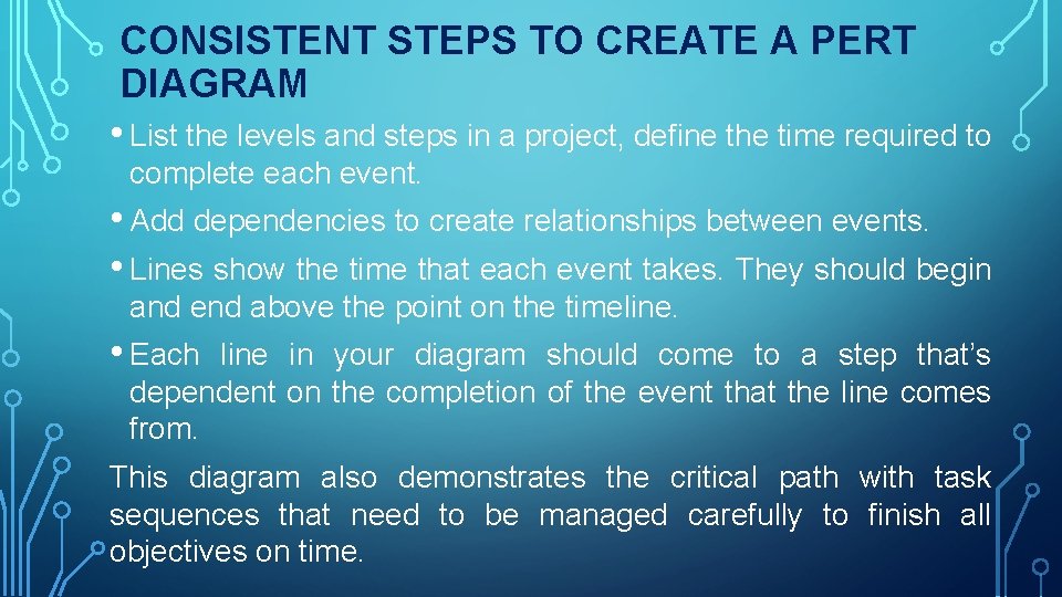 CONSISTENT STEPS TO CREATE A PERT DIAGRAM • List the levels and steps in