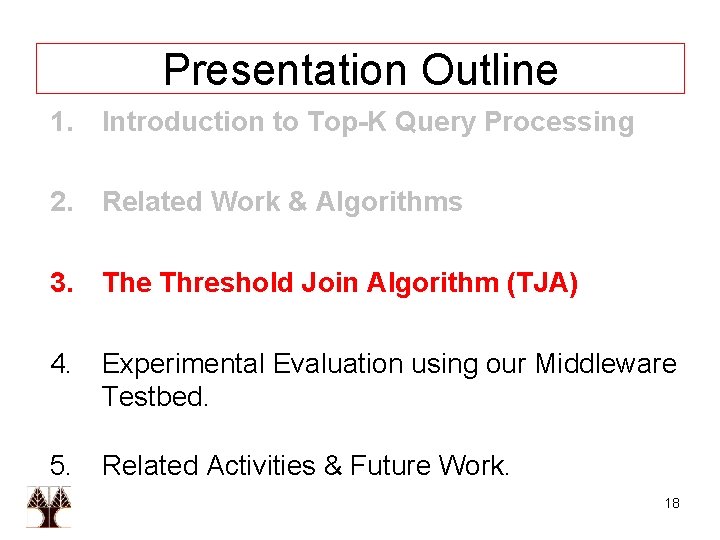 Presentation Outline 1. Introduction to Top-K Query Processing 2. Related Work & Algorithms 3.