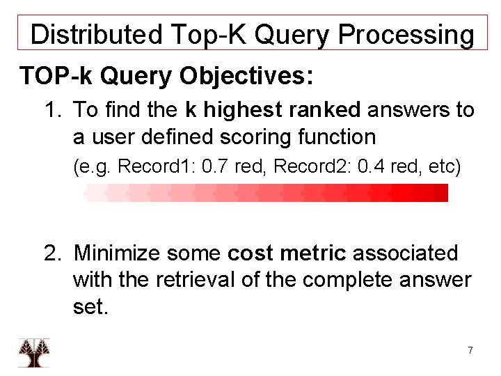 Distributed Top-K Query Processing TOP-k Query Objectives: 1. To find the k highest ranked