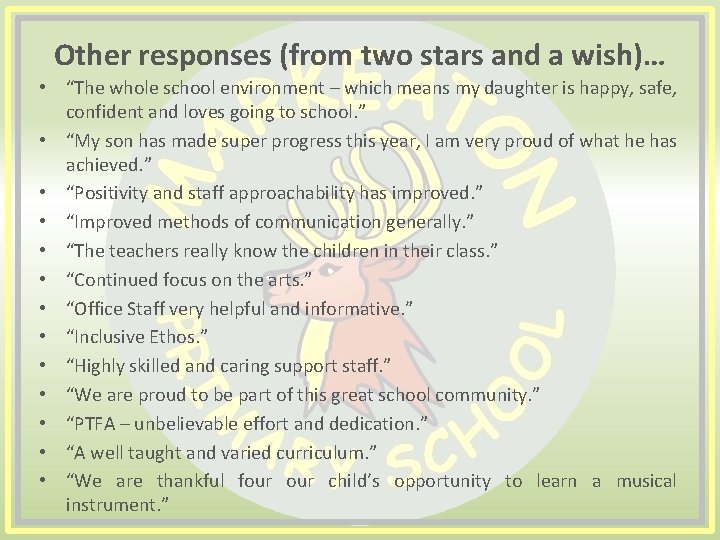 Other responses (from two stars and a wish)… • “The whole school environment –