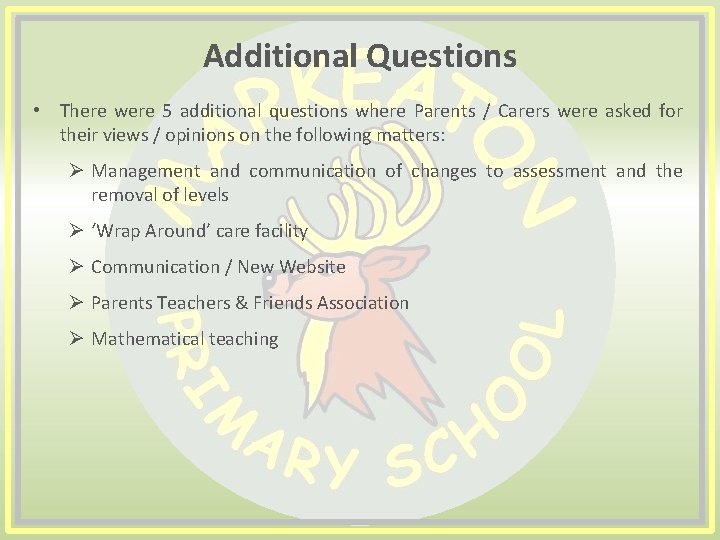 Additional Questions • There were 5 additional questions where Parents / Carers were asked