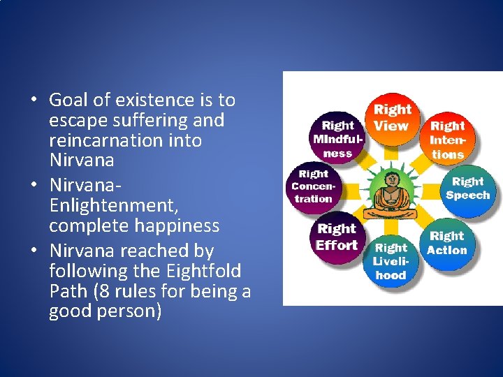  • Goal of existence is to escape suffering and reincarnation into Nirvana •