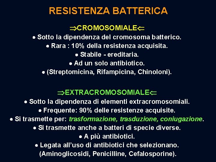 RESISTENZA BATTERICA CROMOSOMIALE Sotto la dipendenza del cromosoma batterico. Rara : 10% della resistenza