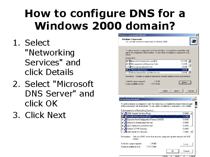 How to configure DNS for a Windows 2000 domain? 1. Select "Networking Services" and