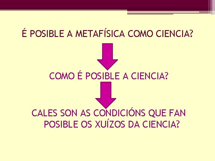 É POSIBLE A METAFÍSICA COMO CIENCIA? COMO É POSIBLE A CIENCIA? CALES SON AS