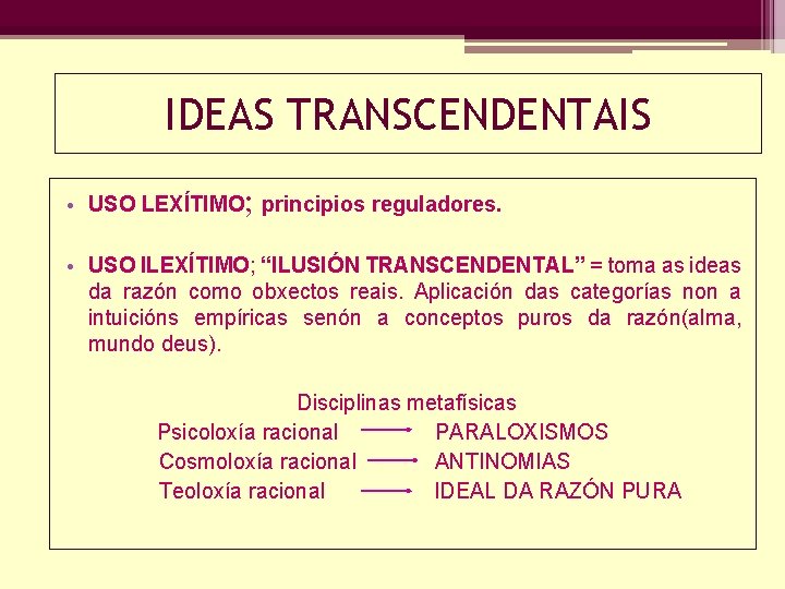 IDEAS TRANSCENDENTAIS • USO LEXÍTIMO; principios reguladores. • USO ILEXÍTIMO; “ILUSIÓN TRANSCENDENTAL” = toma