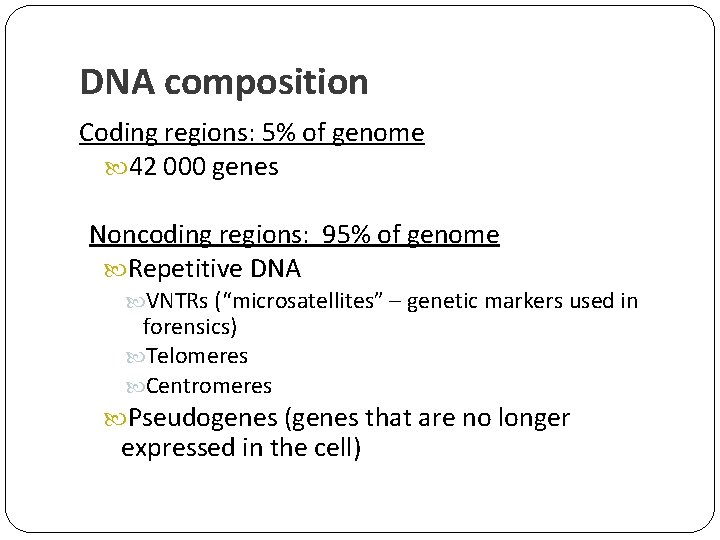 DNA composition Coding regions: 5% of genome 42 000 genes Noncoding regions: 95% of